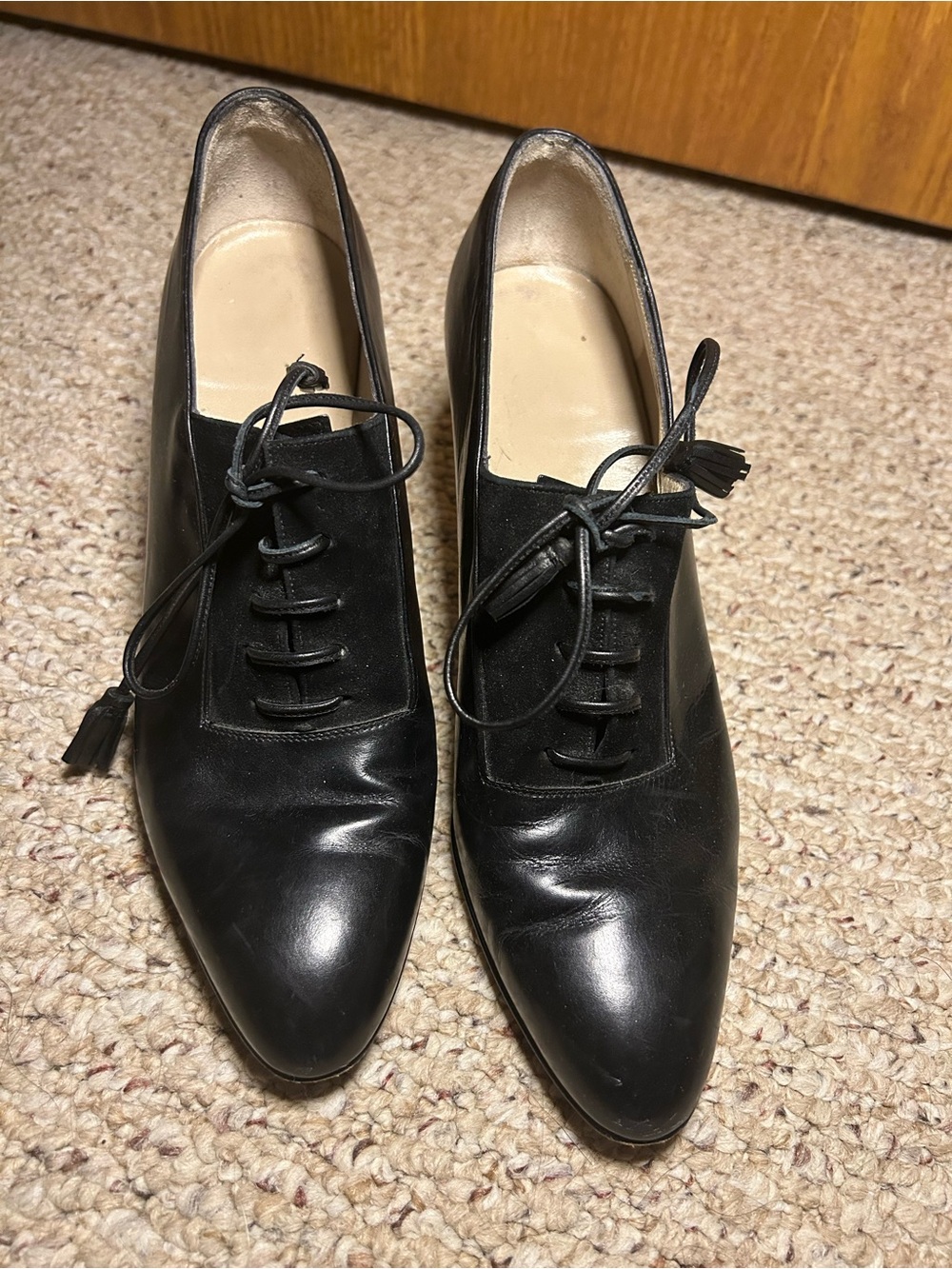 Vintage Salvatore Ferragamo Black Leather Pointed Lace-Up Heels w/Tassel Laces